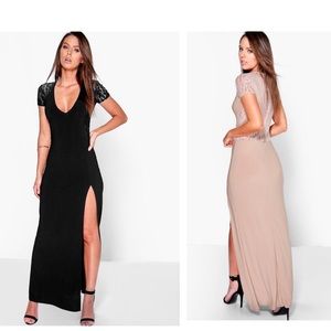 Boohoo Lace Insert Plunge Maxi Dress in Navy